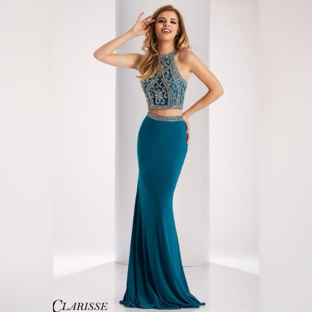 Clarisse 3006 Teal Beaded Two-Piece Prom Dress | Halter Gown